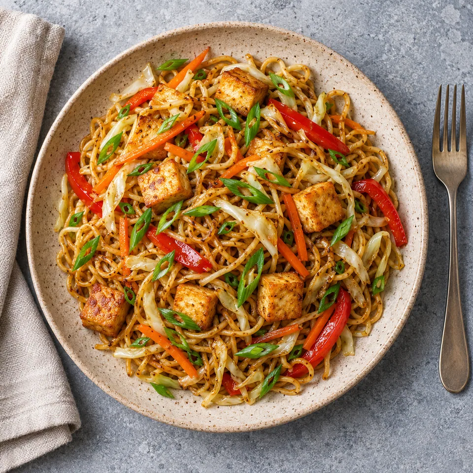 Mine frite mauricienne au tofu et légumes : nouilles dorées, tofu et légumes colorés dans une assiette beige.