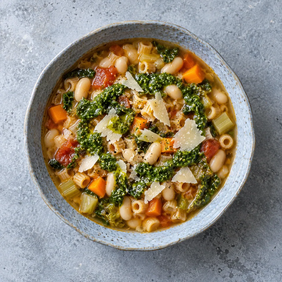 Minestrone aux haricots blancs et pistou dans un bol bleu-gris, garni de pistou vert et de copeaux de fromage.