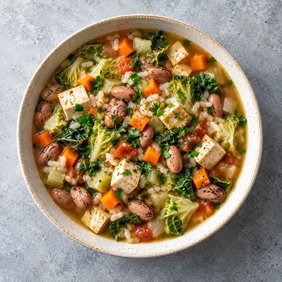 Minestrone d’hiver au riz et haricots borlotti servi dans un grand bol en grès crème, avec légumes colorés et tofu.