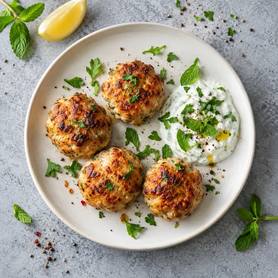 Mini-boulettes de dinde dorées et croustillantes servies avec un dip au yaourt blanc et herbes vertes sur une assiette blanche.