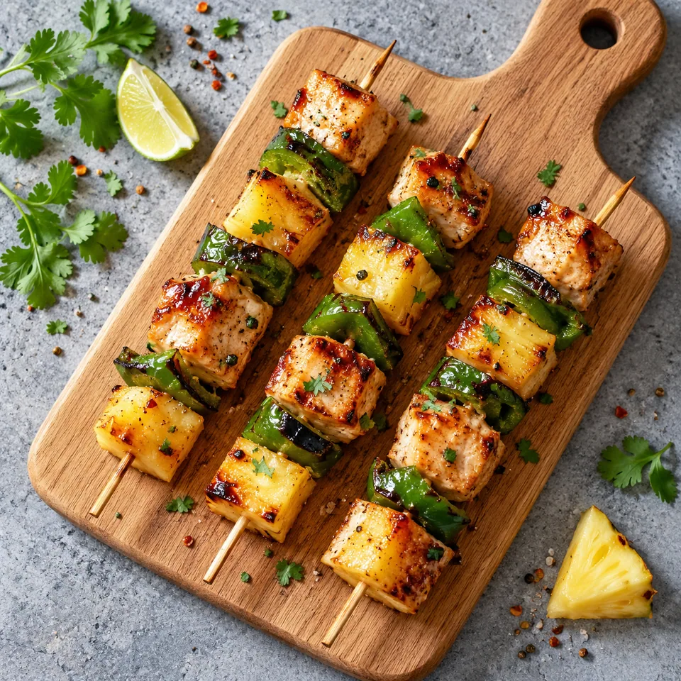 Mini-brochettes de dinde, ananas et poivron grillés sur une planche en bois. Dés dorés et colorés alternés.