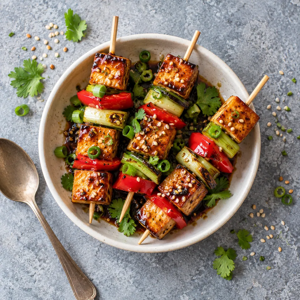 Mini-brochettes de tofu au gingembre et sésame : 3 brochettes de tofu doré, poivron rouge et oignon nouveau nappées de sauce et parsemées de sésame.