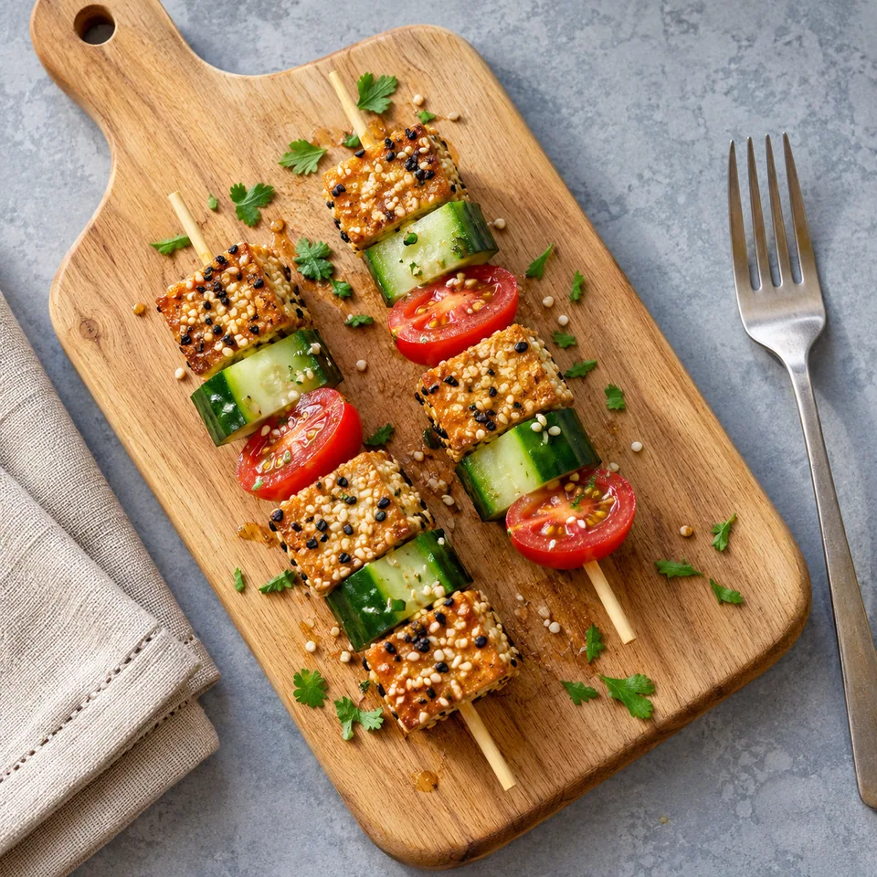 Mini-brochettes de tofu doré, concombre vert et tomates cerises rouges sur une planche en bois.