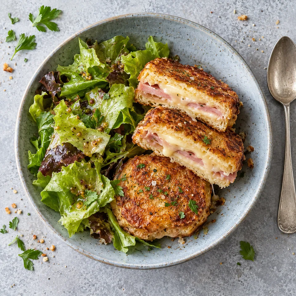 Mini croques perdus au jambon et à l’emmental dorés, coupés en deux, servis avec une salade verte assaisonnée sur une assiette creuse bleu-gris.