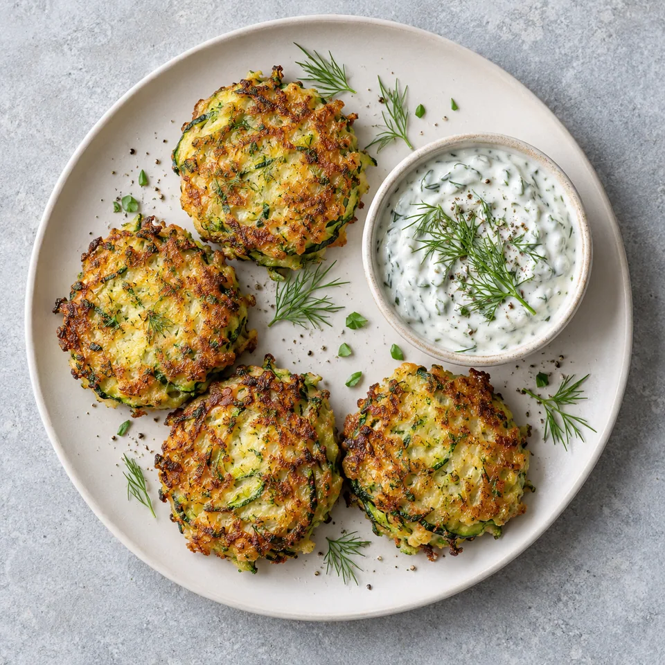 Mini-galettes de courgette dorées et croustillantes servies avec un dip à l'aneth vert vif sur une assiette blanche.