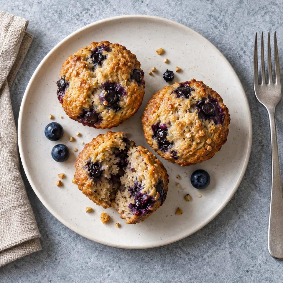 Trois mini-muffins banane myrtille et sarrasin dorés sur une assiette blanche, montrant les myrtilles et la texture fondante.