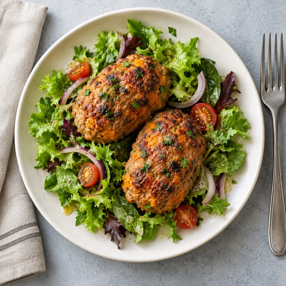 Mini-pains de viande à la patate douce sur salade verte, vue de dessus