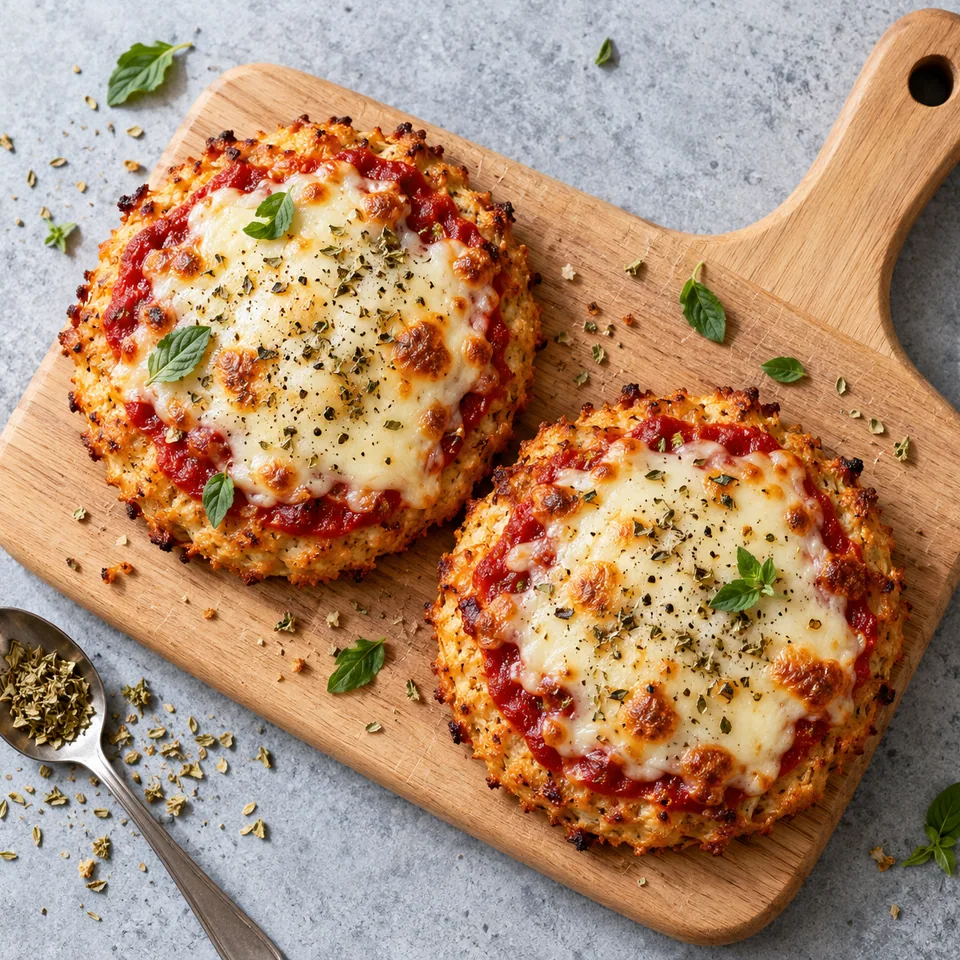 Deux mini pizzas à pâte de poulet dorées, garnies de tomate et de mozzarella fondue, servies sur une planche en bois.