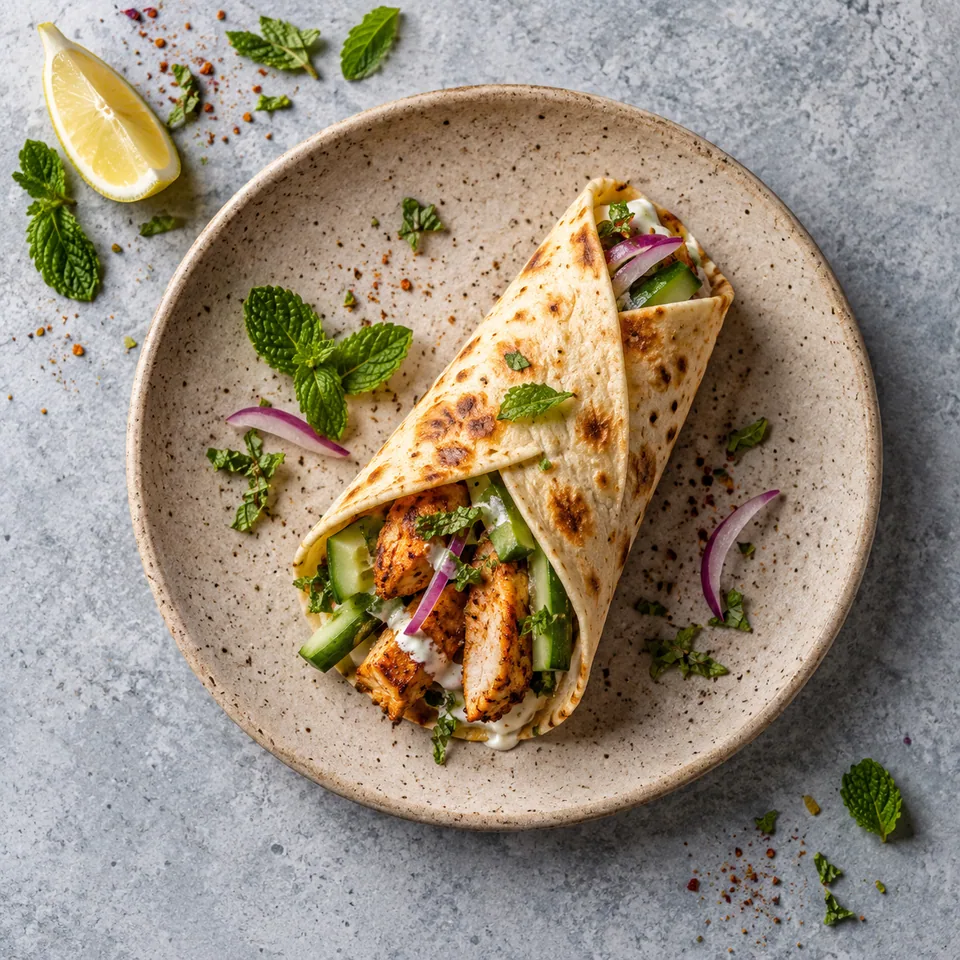 Mini-wrap de poulet tikka et concombre roulé sur une assiette beige, garni de menthe et d'oignon rouge.