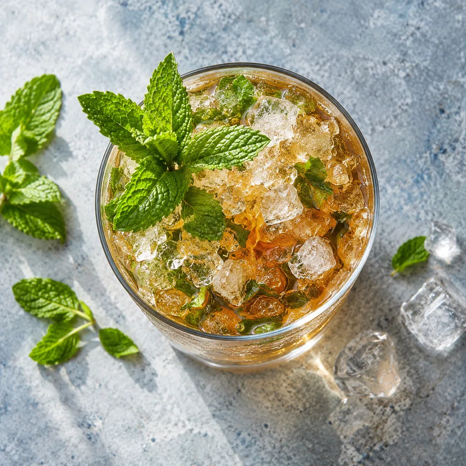 Mint julep au bourbon et à la menthe pilée : verre transparent rempli de glace pilée, menthe fraîche vert vif et bourbon ambré.