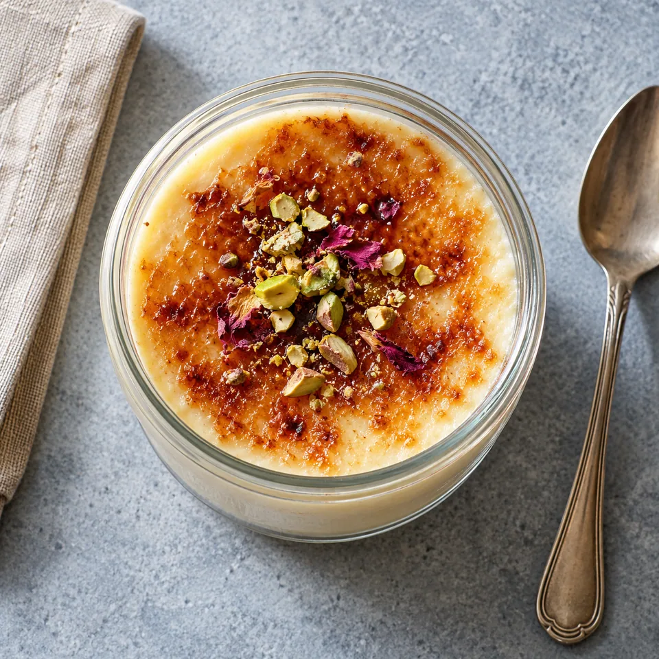 Mishti doi, yaourt bengali caramélisé : portion onctueuse et lisse dans une verrine en verre.
