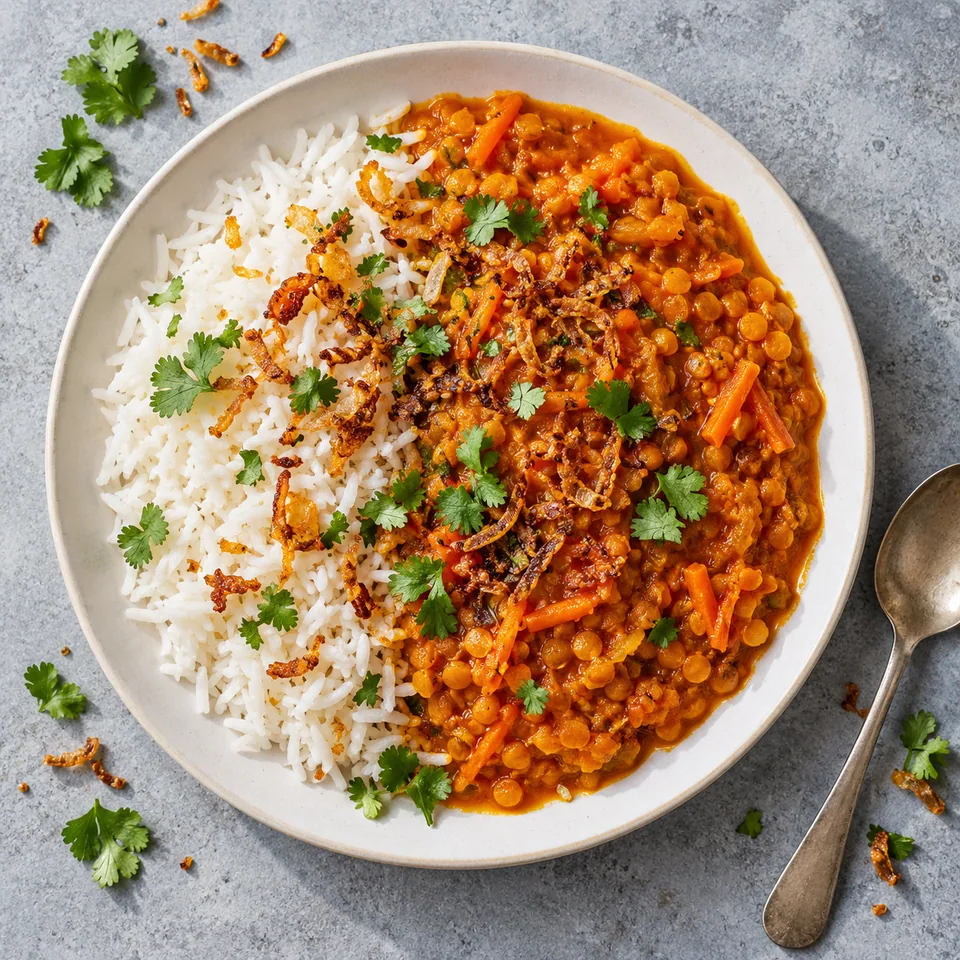 Assiette de misir wot : riz blanc et lentilles corail épicées à la sauce tomate et carottes, garnie d'oignons dorés.