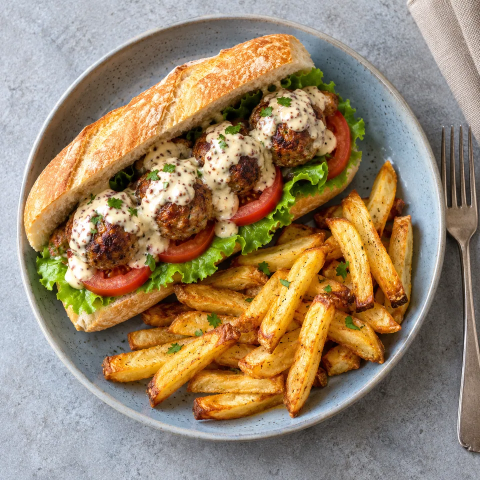 Mitraillette belge aux boulettes et frites au four : baguette garnie de viande, sauce et légumes, servie avec des frites dorées.