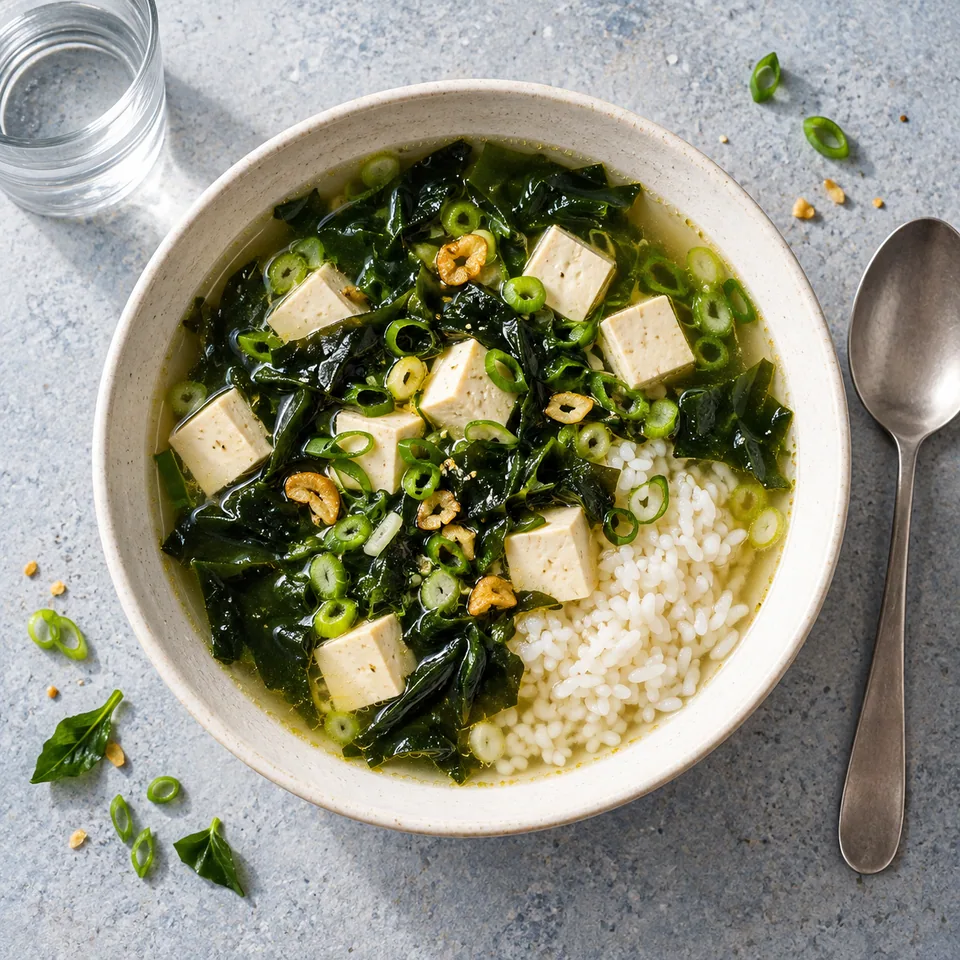 Miyeok-guk au tofu et riz : bol de soupe claire avec dés de tofu, algues, oignons nouveaux et riz blanc.
