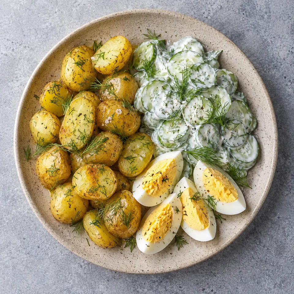 Assiette de Mizeria : pommes de terre au beurre, œufs durs et concombre à la sauce yaourt et aneth.