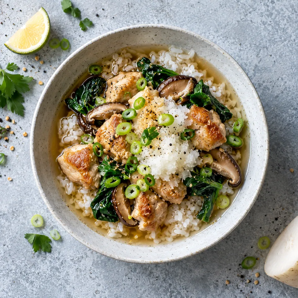 Mizore-ni de poulet au radis blanc et riz, servi dans un bol en céramique, avec dés de poulet, champignons et ciboule.