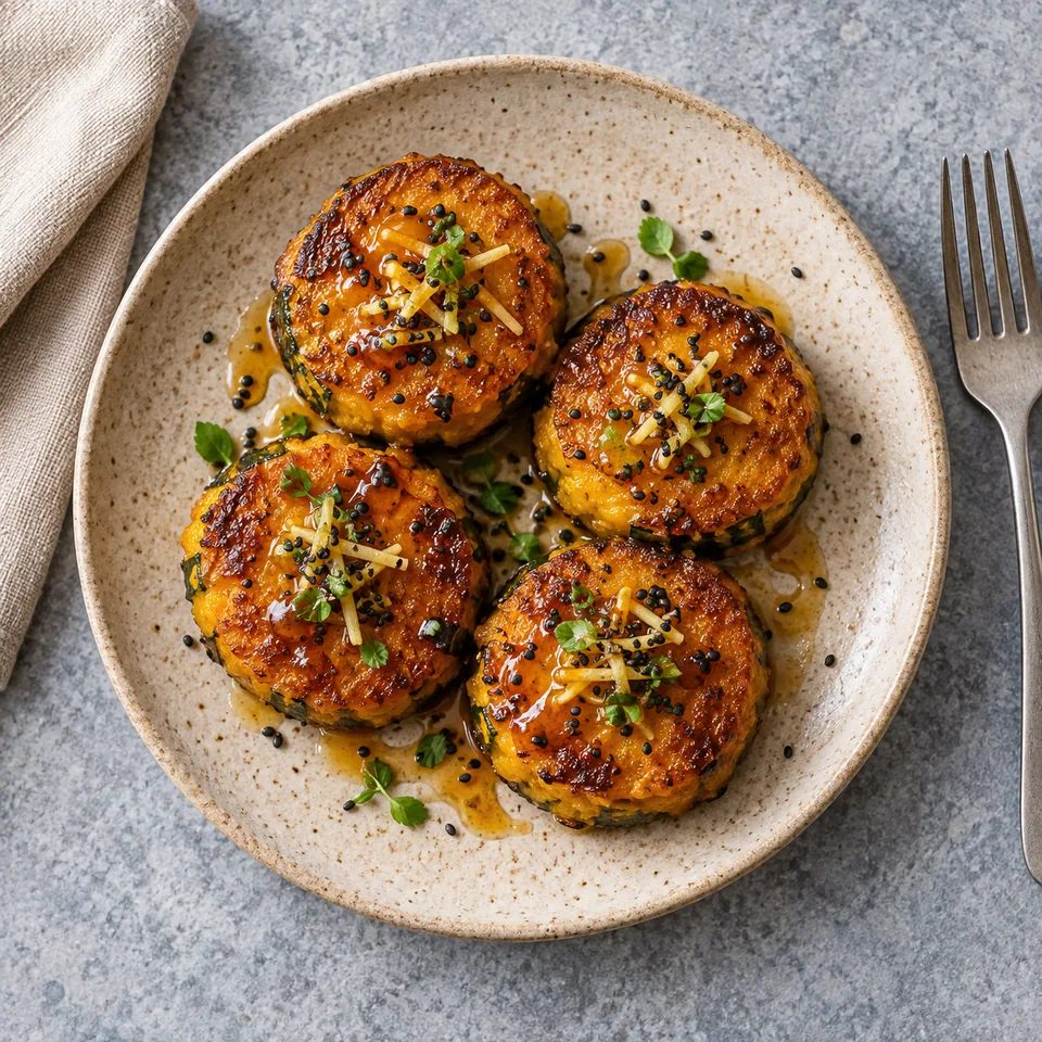 Mochis de kabocha poêlés au miel : quatre palets dorés et brillants, nappés de miel et parsemés de sésame noir, sur une assiette en grès beige.