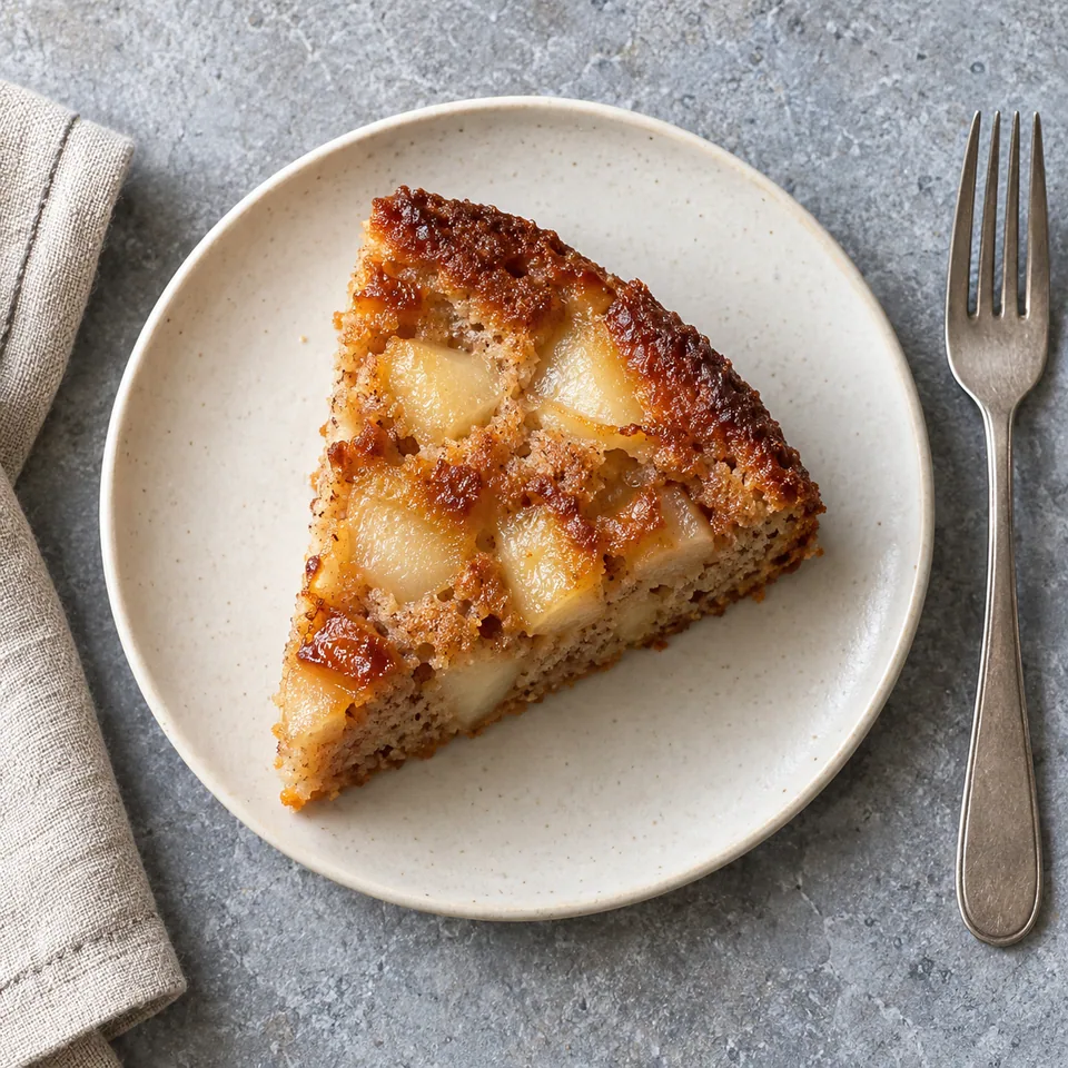 Part de moelleux châtaigne et poires doré avec dés de poires visibles sur assiette blanche