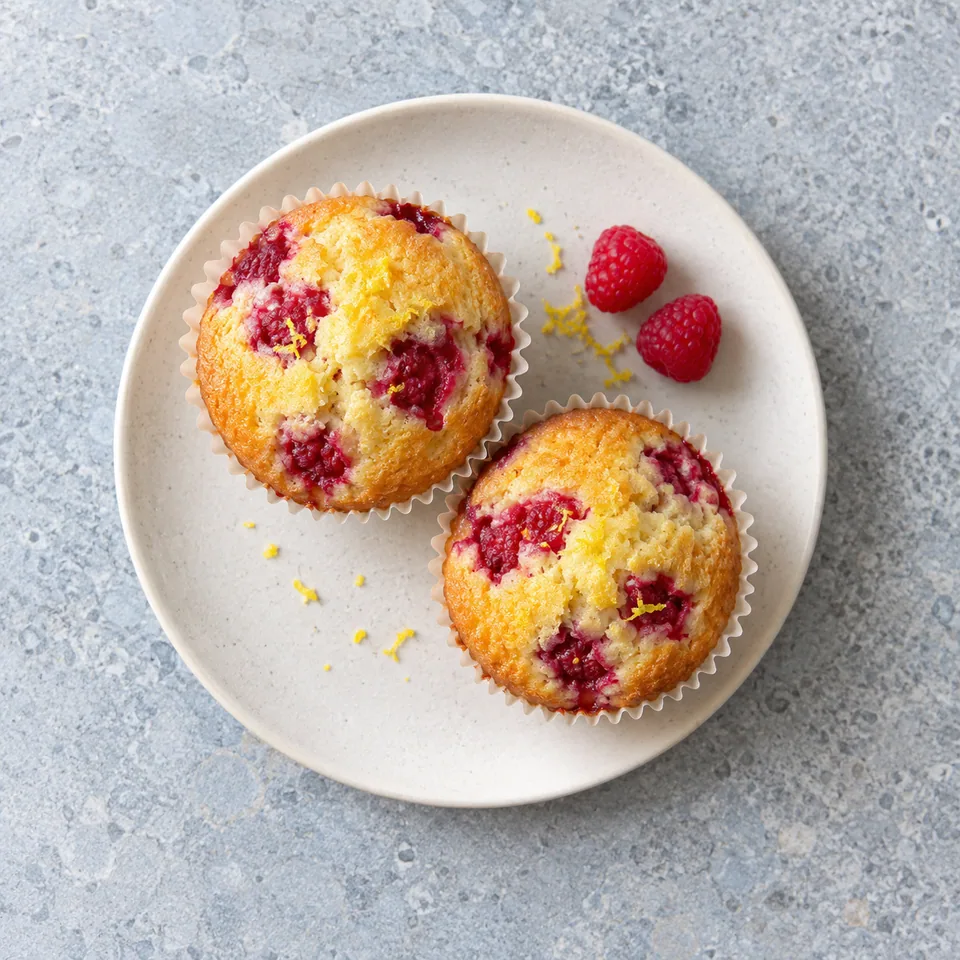 Deux moelleux citron framboise dorés dans leurs caissettes, parsemés de fruits rouges.