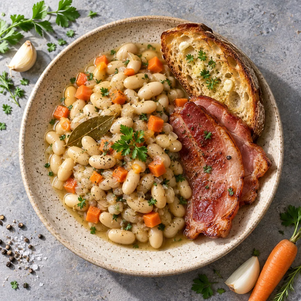 Mogettes à la vendéenne avec jambon poêlé doré et pain grillé à l'ail sur une assiette en grès beige.