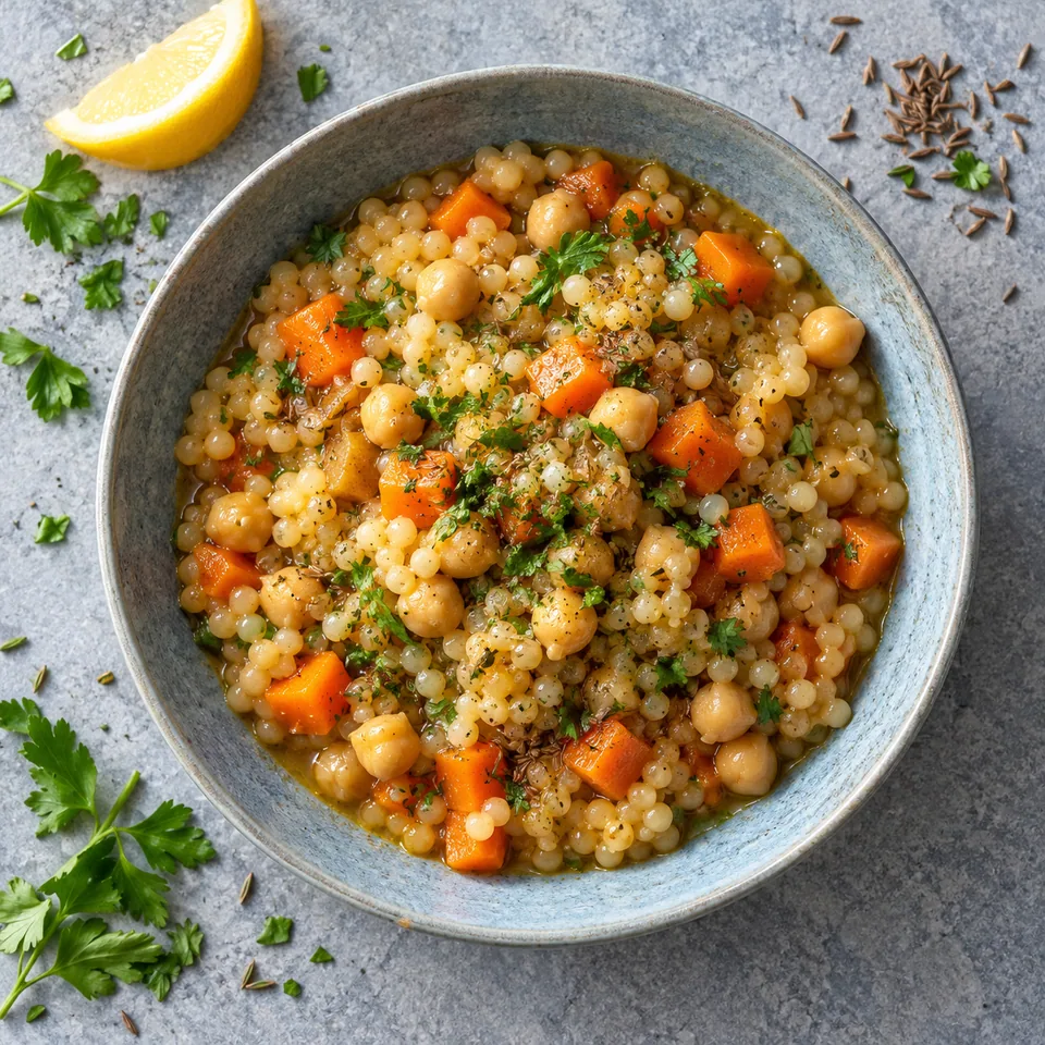 Assiette de Moghrabieh aux pois chiches et carottes, semoule aux perles translucides, dés de carottes orange et pois chiches, parsemé de persil vert.