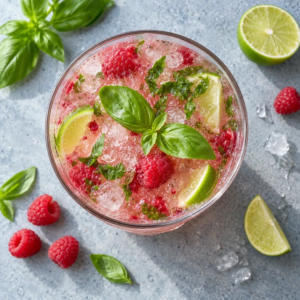 Mojito framboise-basilic au rhum dans un grand verre transparent avec glace, framboises et basilic.