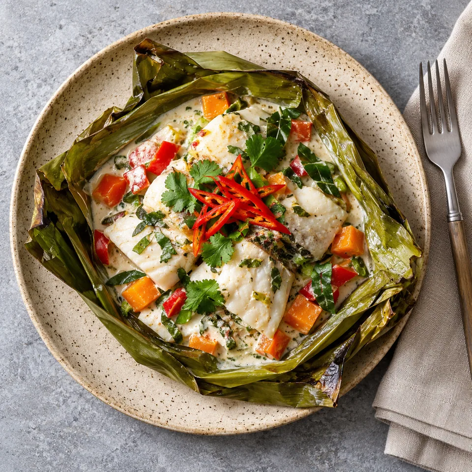 Mok pa laotien : poisson blanc en papillote avec sauce coco, carottes et poivrons rouges sur assiette beige.