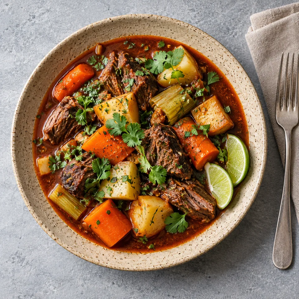 Mole de olla au bœuf et légumes d’hiver dans une assiette en grès beige sable moucheté, sauce rouge, légumes tendres et coriandre.