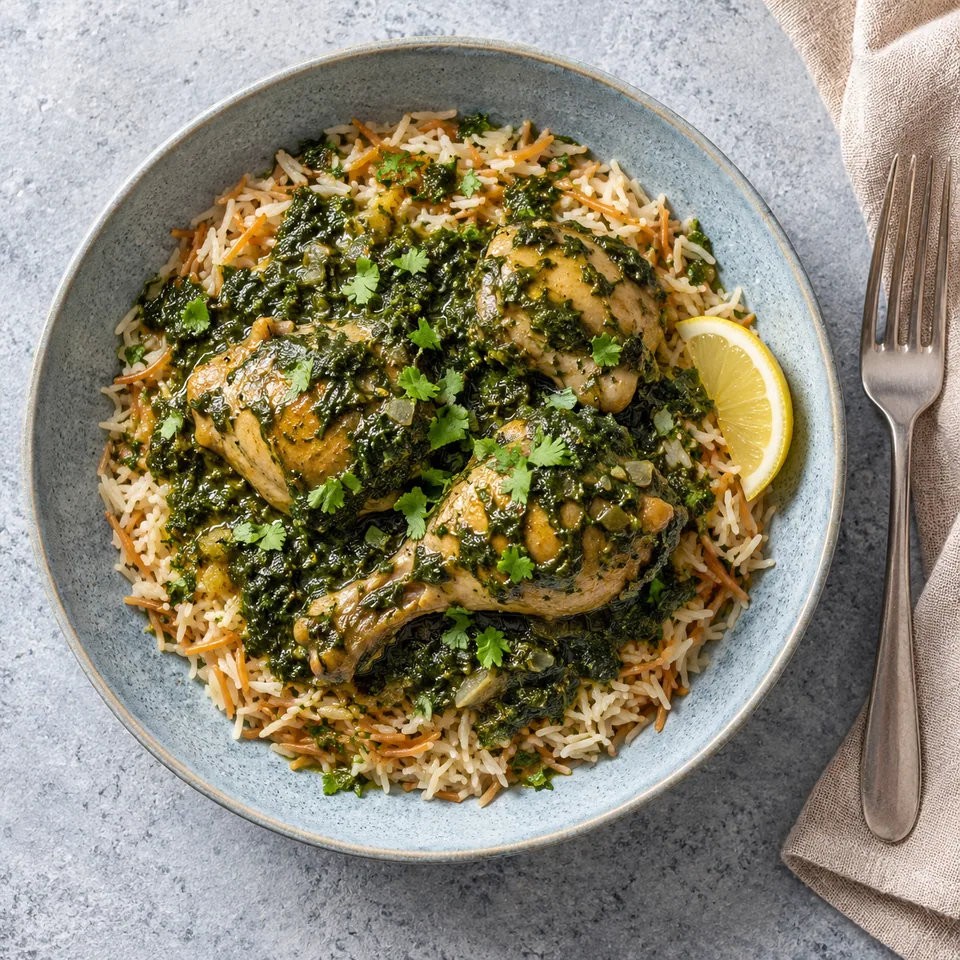 Assiette de molokhia au poulet et riz aux vermicelles, sauce verte sombre, poulet doré, riz beige et coriandre fraîche.