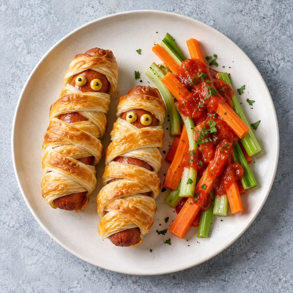 Momies de saucisses en pâte dorée avec bâtonnets de légumes et sauce tomate sur assiette blanche.