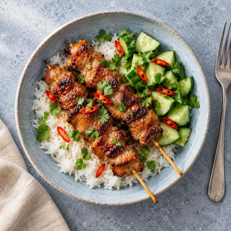 Moo ping : brochettes de porc thaï grillé doré sur riz jasmin, avec concombre frais, coriandre et piment rouge sur assiette bleue.