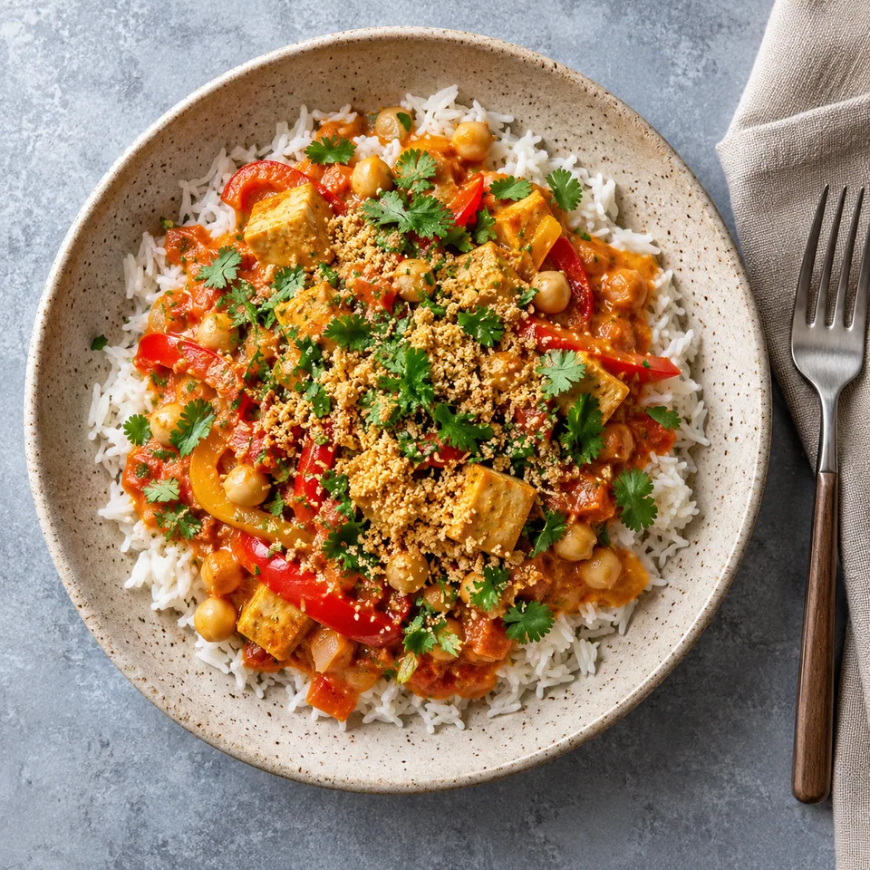 Assiette de moqueca brésilienne de pois chiches et tofu sur riz, garnie de farofa dorée et coriandre.
