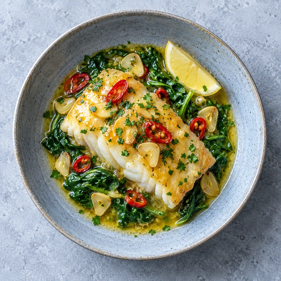 Morue à l’ail, sauce pil-pil : portion de poisson blanc nappé de sauce dorée sur épinards verts, parsemée d'ail, piment et persil.