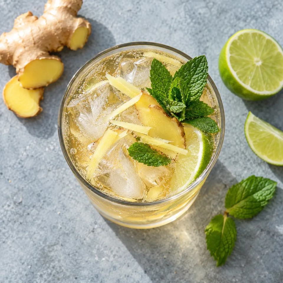 Moscow mule au gingembre frais et au citron vert dans un verre transparent avec glaçons et menthe.