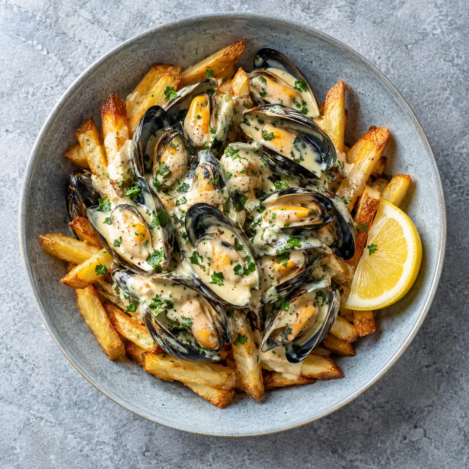Moules crémeuses et frites au four : moules ouvertes dans sauce blanche et persil, accompagnées de frites dorées et d'une tranche de citron sur assiette bleue.