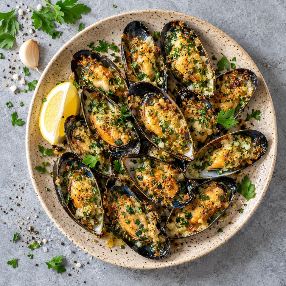 Moules gratinées à l’ail et au persil servies sur une assiette en grès beige sable moucheté, avec chair opaline et persillade dorée.
