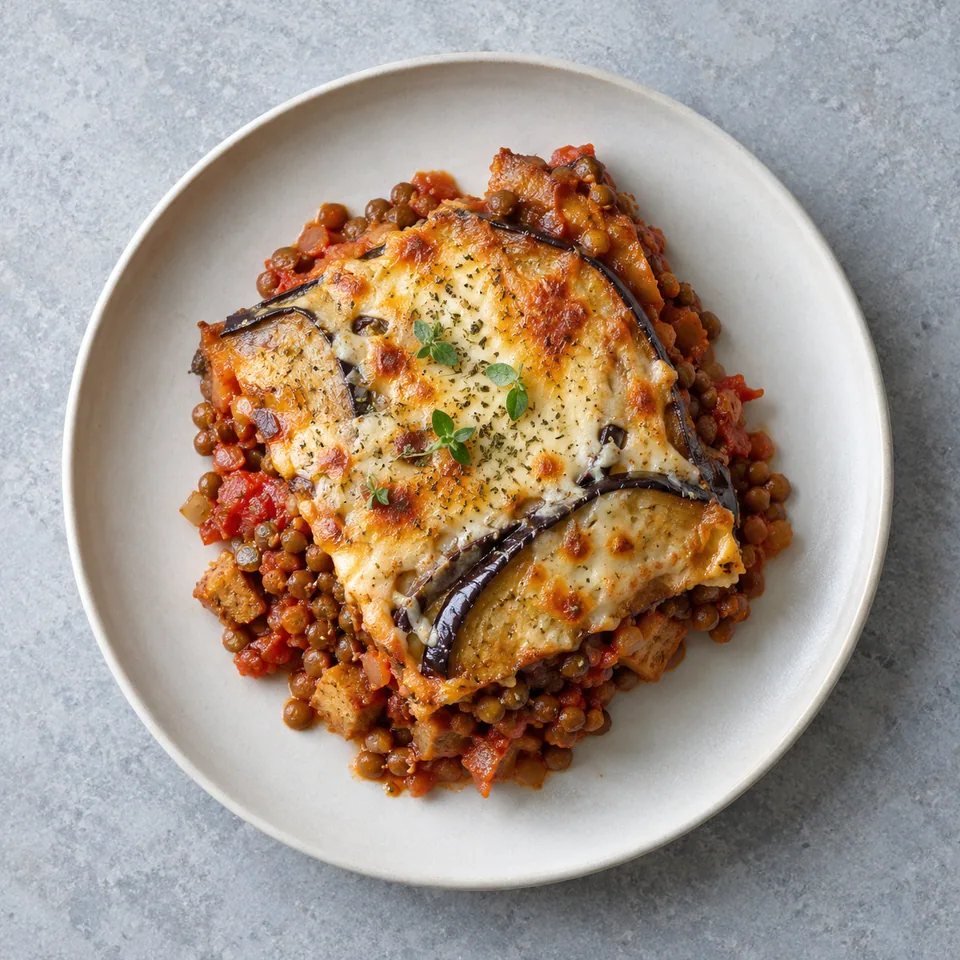Moussaka de lentilles : une demi-part de gratin, aubergines en tranches, garniture rouge aux lentilles et seitan, nappage blanc.