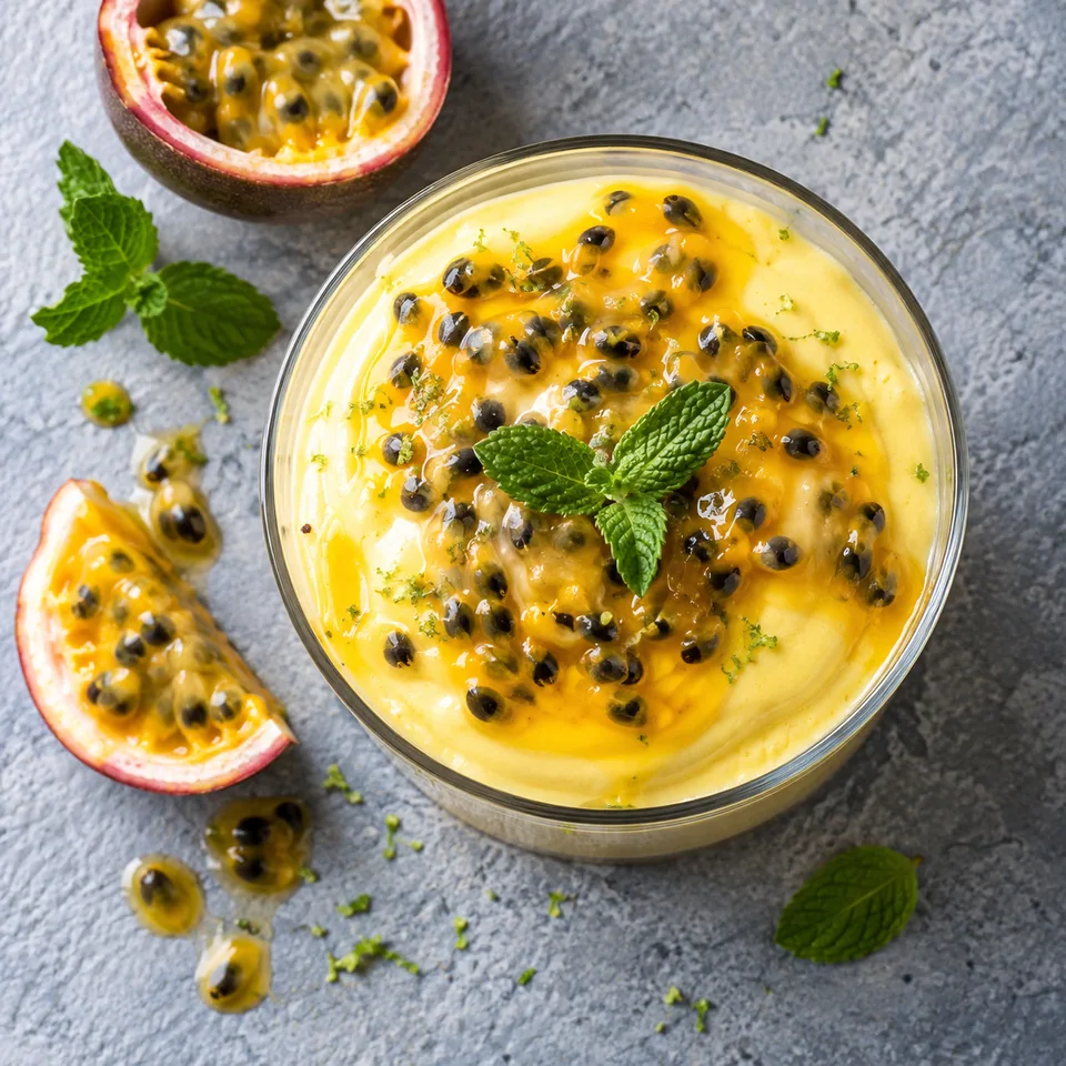 Mousse de maracuja au skyr dans une verrine en verre, surmontée de pulpe jaune et graines noires.
