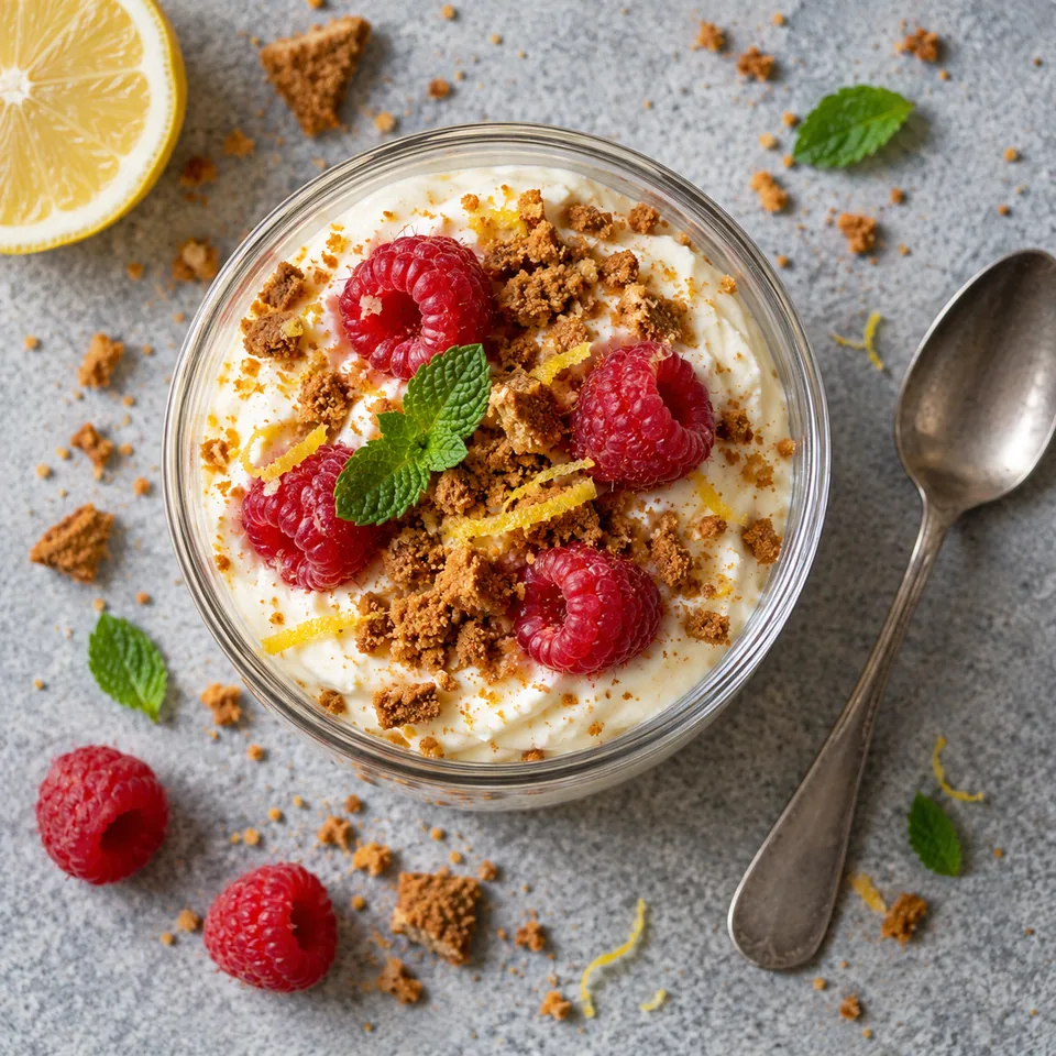 Mousse de skyr au citron et éclats de spéculoos dans une verrine, garnie de framboises fraîches.