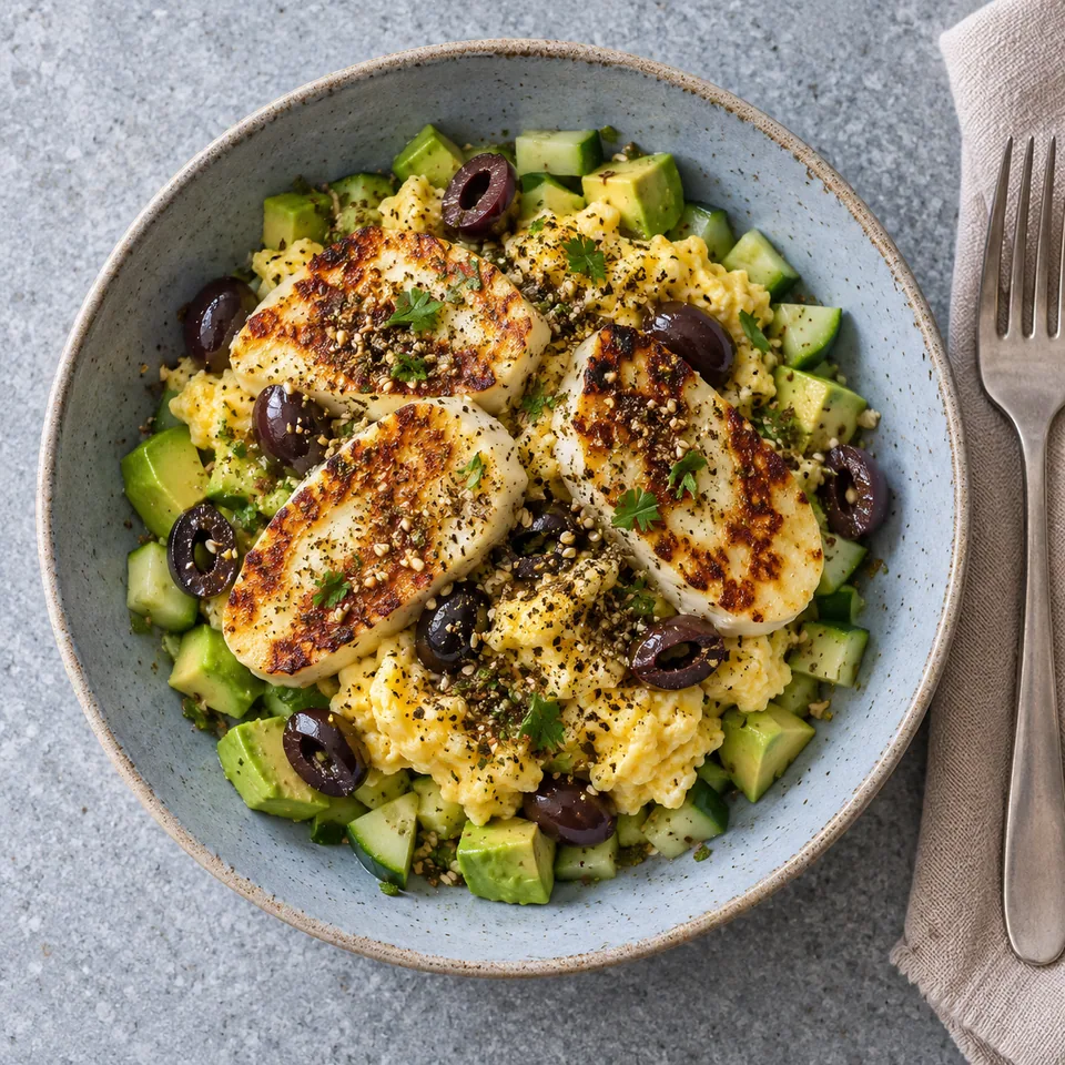 Assiette creuse bleu-gris : œufs brouillés, dés d'avocat et concombre, mozzarella grillée dorée, olives noires et zaatar.