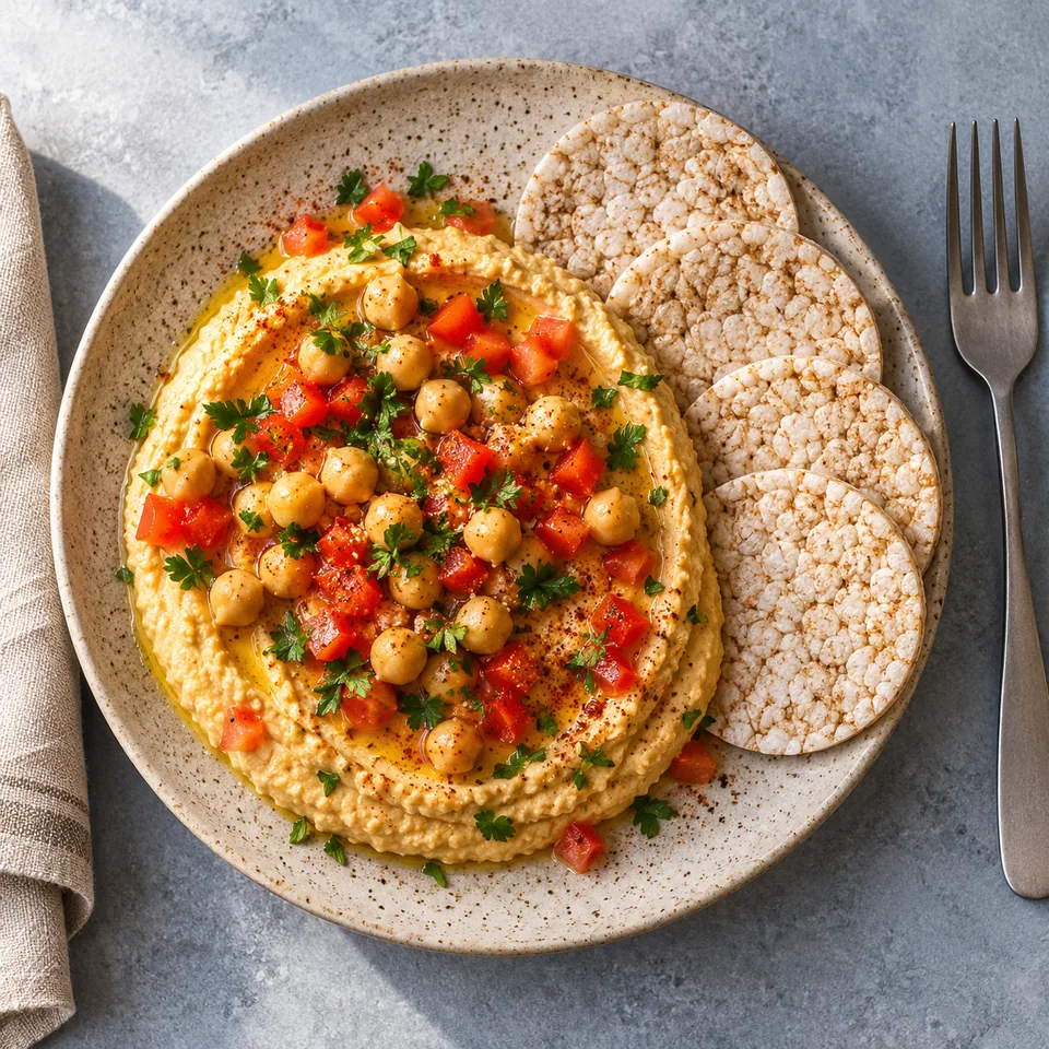 Msabbaha, houmous tiède aux pois chiches entiers, tomates et persil sur assiette beige avec galettes de riz.