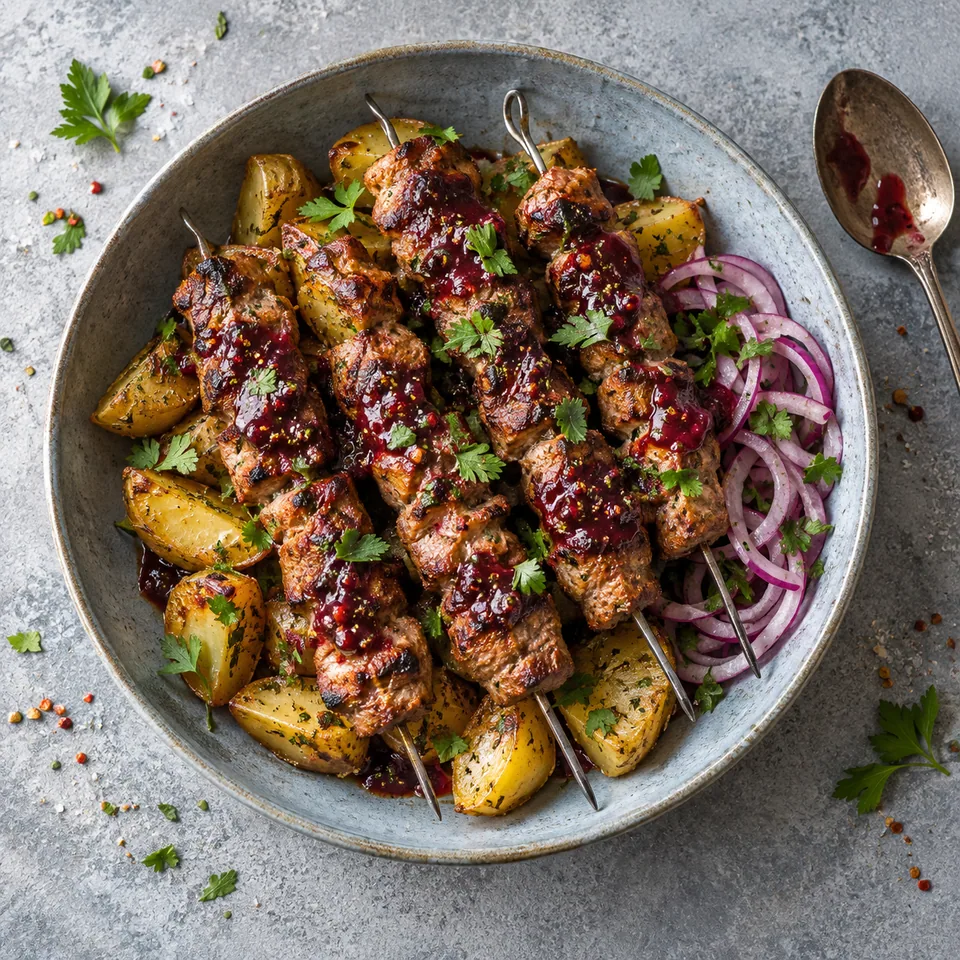 Mtsvadi, brochettes géorgiennes au tkemali : porc grillé doré, pommes de terre rôties et sauce aux prunes rouge foncé sur assiette bleue.