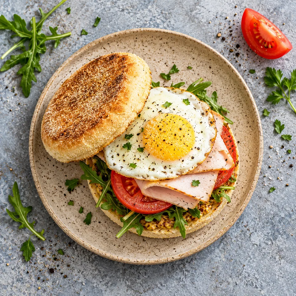 Muffin anglais à l’œuf, dinde et tomate sur assiette beige mouchetée