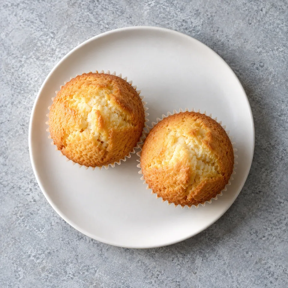 Muffins au yaourt vanillé : deux parts dorées et moelleuses sur assiette blanche.