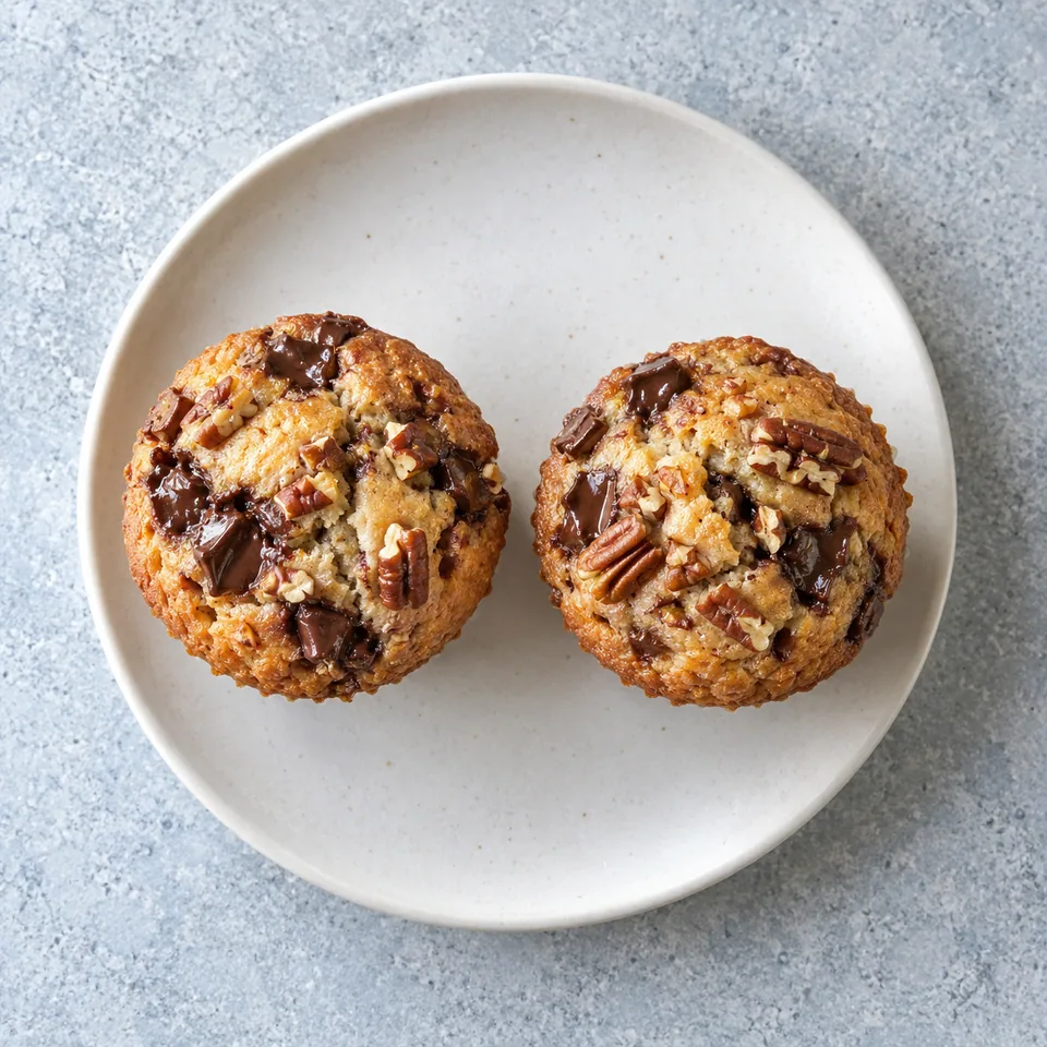 Deux muffins chocolat-noix de pécan dorés et moelleux sur une assiette blanche, parsemés de chocolat et de noix.