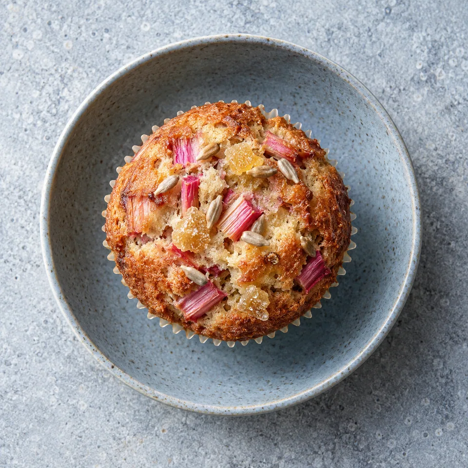 Muffins à la rhubarbe et au gingembre : un muffin doré aux morceaux de rhubarbe rose et gingembre confit sur une assiette bleue.