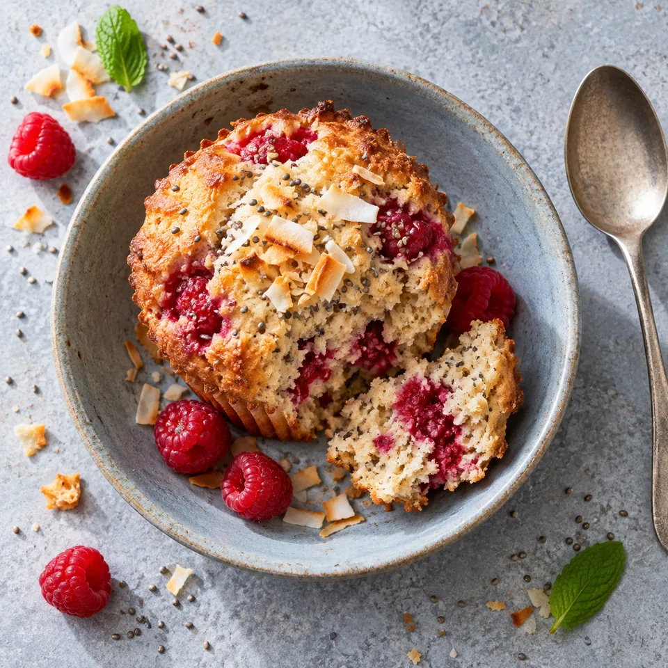 Muffins coco et framboises : une part dorée et fondante sur assiette bleue, parsemée de framboises rouges et graines de chia.