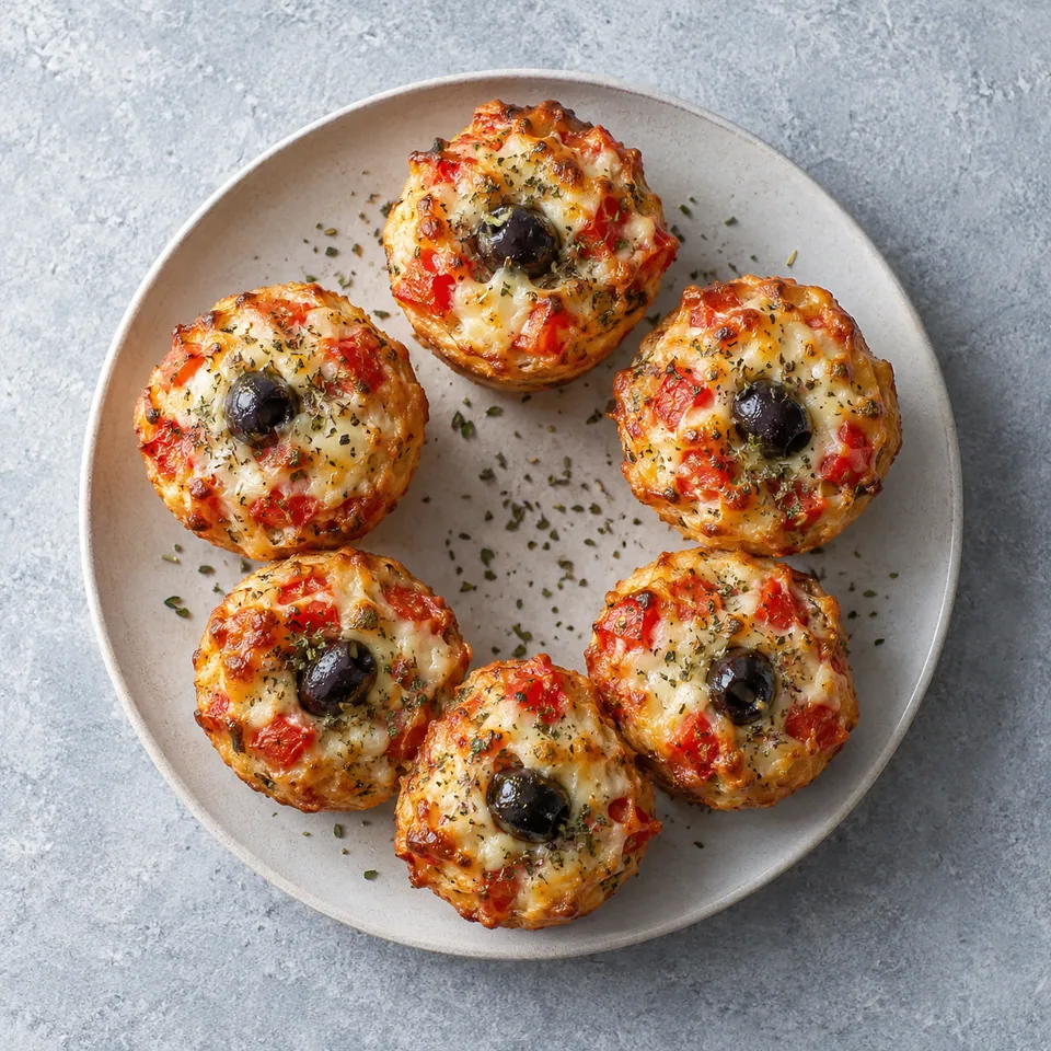 Assiette de 6 muffins pizza dorés aux herbes, olives noires et dés de tomate.