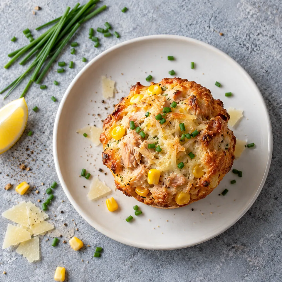Muffins salés au thon, maïs et fromage blanc : un muffin doré sur assiette blanche, garni de ciboulette et de maïs.