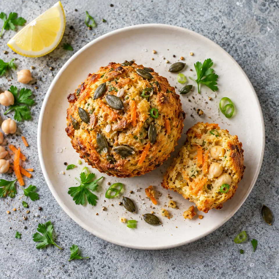 Muffins salés carotte et pois chiche : un muffin doré aux graines de courge et carottes sur assiette blanche.
